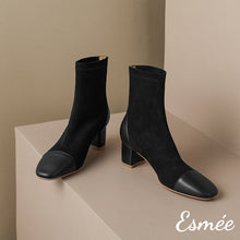 Load image into Gallery viewer, Black-Suede-High-Heel-Ankle-Boots-with-Leather-Toe-Cap-product-shots
