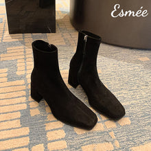 Load image into Gallery viewer, Black-Suede-High-Heel-Ankle-Boots-with-Square-Toe-Design-product-shots-1
