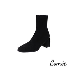 Load image into Gallery viewer, Black-Suede-High-Heel-Ankle-Boots-with-Square-Toe-Design-product-shots-white-background
