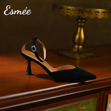 Load image into Gallery viewer, Black-Suede-High-Heel-Sandals-with-Ankle-Straps-product-shots
