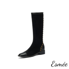 Load image into Gallery viewer, Black-Suede-Long-Boots-with-Rockstud-and-Leather-Toe-Cap-Design-product-shots-white-background
