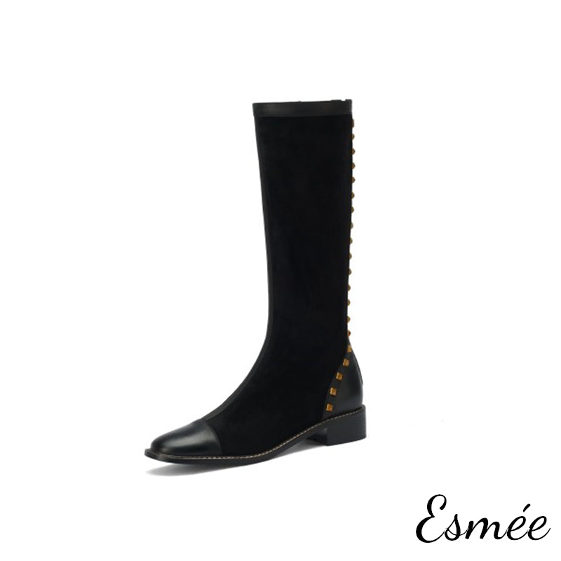 Black-Suede-Long-Boots-with-Rockstud-and-Leather-Toe-Cap-Design-product-shots-white-background