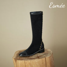 Load image into Gallery viewer, Black-Suede-Long-Boots-with-Rockstud-and-Leather-Toe-Cap-Design-product-shots
