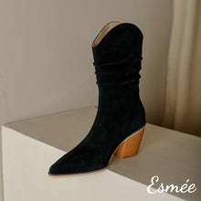 Load image into Gallery viewer, Black-Suede-Mid-Riding-Boots-with-Cylinder-Heels-product-shots
