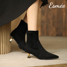 Load image into Gallery viewer, Black-Suede-Pointed-Toe-Ankle-Boots-with-Golden-Kitten-Heels-model-shots
