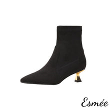 Load image into Gallery viewer, Black-Suede-Pointed-Toe-Ankle-Boots-with-Golden-Kitten-Heels-product-shots-white0ackground
