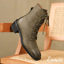 Load image into Gallery viewer, Blackish-Green-Leather-Marten-Boots-with-Sqaure-Toe-Design-product-shots
