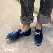 Load image into Gallery viewer, Blue-Suede-Loafers-with-Silver-Plated-Buckle-model-shots
