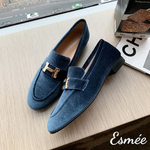 Load image into Gallery viewer, Blue-Suede-Loafers-with-Silver-Plated-Buckle-product-shots
