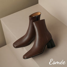 Load image into Gallery viewer, Brown-Leather-Ankle-Boots-with-Block-Heels-product-shots
