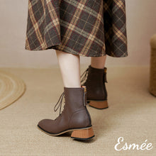 將圖片載入圖庫檢視器 Brown-Leather-High-Heel-Marten-Boots-with-Round-Toe-Design-model-shots-1
