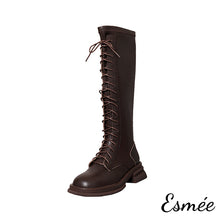 Load image into Gallery viewer, Brown-Leather-Lace-Up-Long-Boots-product-shots-white-background
