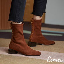 Load image into Gallery viewer, Brown-Suede-Ankle-Boots-with-Rockstud-Design-model-shots
