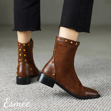 Load image into Gallery viewer, Brown-Suede-Ankle-Boots-with-Rockstud-and-Leather-Toe-Cap-Design-model-shots-1
