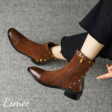 將圖片載入圖庫檢視器 Brown-Suede-Ankle-Boots-with-Rockstud-and-Leather-Toe-Cap-Design-model-shots
