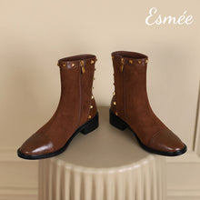 Load image into Gallery viewer, Brown-Suede-Ankle-Boots-with-Rockstud-and-Leather-Toe-Cap-Design-product-shots
