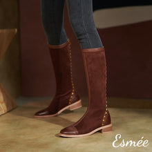 Load image into Gallery viewer, Brown-Suede-Long-Boots-with-Rockstud-and-Leather-Toe-Cap-Design-model-shots
