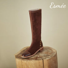 Load image into Gallery viewer, Brown-Suede-Long-Boots-with-Rockstud-and-Leather-Toe-Cap-Design-product-shots
