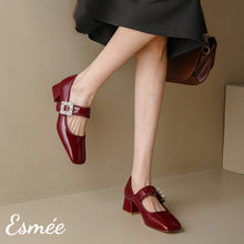 Load image into Gallery viewer, Burgundy-Patent-Leather-High-Heel-Maryjane-with-Diamond-Buckle-model-shots
