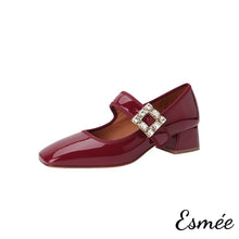 Load image into Gallery viewer, Burgundy-Patent-Leather-High-Heel-Maryjane-with-Diamond-Buckle-product-shots-white-background
