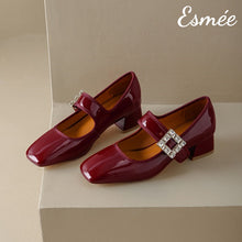 Load image into Gallery viewer, Burgundy-Patent-Leather-High-Heel-Maryjane-with-Diamond-Buckle-product-shots
