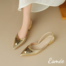 Load image into Gallery viewer, Gold-Leather-Slingback-with-Triangular-Metal-Buckle-model-shots
