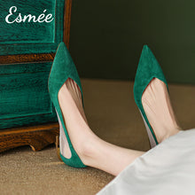 Load image into Gallery viewer, Green-Suede-Flats-with-Net-Design-and-Golden-Heels-model-shots
