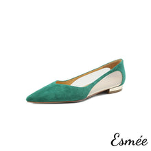 Load image into Gallery viewer, Green-Suede-Flats-with-Net-Design-and-Golden-Heels-product-shots-white-background
