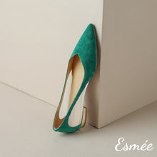 Load image into Gallery viewer, Green-Suede-Flats-with-Net-Design-and-Golden-Heels-product-shots
