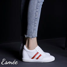 Load image into Gallery viewer, Invisible-increased-height-white-leather-sneakers-with-mesh-red-model-shots
