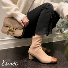 將圖片載入圖庫檢視器 Khaki-Brown-Suede-Ankle-Boots-with-Dual-Color-Toe-Cap-model-shots
