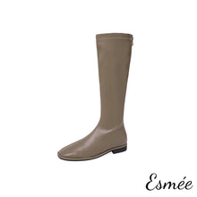 Load image into Gallery viewer, Khaki-Leather-Flat-Long-Boots-product-shots-white-background
