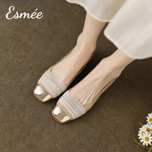 Load image into Gallery viewer, Khaki-Leather-Flats-with-Gauze-Design-and-Golden-Toe-Cap-model-shots
