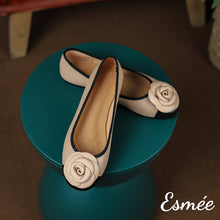 Load image into Gallery viewer, Khaki-Leather-Flats-with-Rosebud-Design-product-shots
