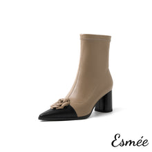 Load image into Gallery viewer, Khaki-Leather-High-Heel-Ankle-Boots-with-Rosebud-Design-product-shots-white-background
