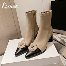 Load image into Gallery viewer, Khaki-Leather-High-Heel-Ankle-Boots-with-Rosebud-Design-product-shots
