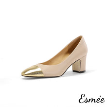 將圖片載入圖庫檢視器 Khaki-Leather-High-Heels-with-Golden-Toe-Cap-product-shots-white-background
