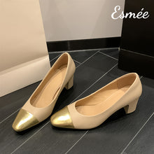 Load image into Gallery viewer, Khaki-Leather-High-Heels-with-Golden-Toe-Cap-product-shots
