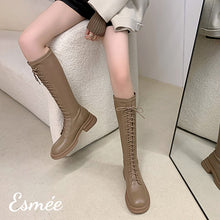 將圖片載入圖庫檢視器 Khaki-Leather-Lace-Up-Long-Boots-model-shots
