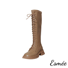 Load image into Gallery viewer, Khaki-Leather-Lace-Up-Long-Boots-product-shots-white-background
