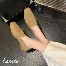 Load image into Gallery viewer, Khaki-Leather-Loafers-with-Double-D-Buckle-model-shots
