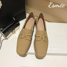 Load image into Gallery viewer, Khaki-Leather-Loafers-with-Double-D-Buckle-product-shots
