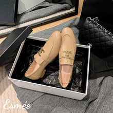 Load image into Gallery viewer, Khaki-Leather-Loafers-with-X-Metal-Buckle-product-shots
