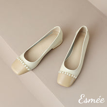 Load image into Gallery viewer, Khaki-Leather-Low-Heels-with-Dual-Color-Toe-Cap-and-Pearl-Design-product-shots
