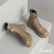 將圖片載入圖庫檢視器 Khaki-Leather-Marten-Boots-with-Thicken-Outsole-Design-product-shots
