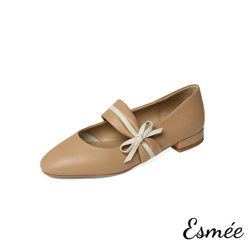 Khaki-Leather-Mary-Janes-with-Dual-Color-Straps-and-Bow-Knot-product-shots-white-background