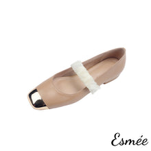 Load image into Gallery viewer, Khaki-Leather-Mary-Janes-with-Golden-Toe-Cap-and-Ribbon-Design-product-shots-white-background
