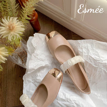 Load image into Gallery viewer, Khaki-Leather-Mary-Janes-with-Golden-Toe-Cap-and-Ribbon-Design-product-shots
