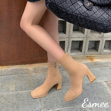 Load image into Gallery viewer, Khaki-Suede-Ankle-Boots-with-Square-Toe-Design-model-shots
