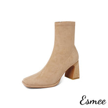 Load image into Gallery viewer, Khaki-Suede-Ankle-Boots-with-Square-Toe-Design-product-shots-white-background
